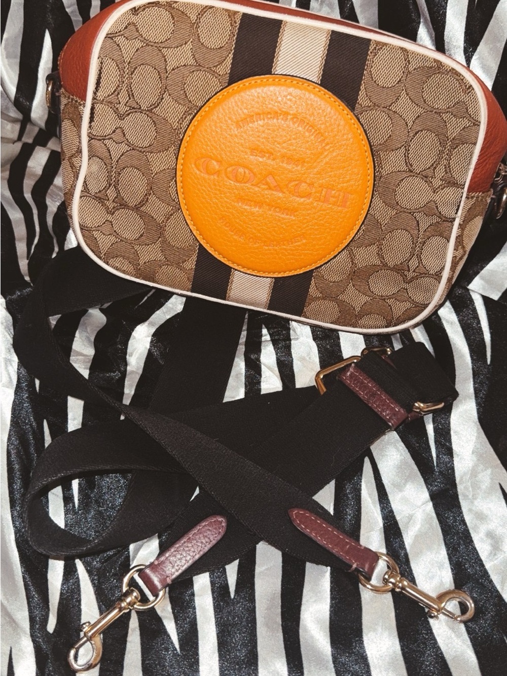 Coach Canvas Crossbody Bag in Brown with Orange Accent and Black Strap